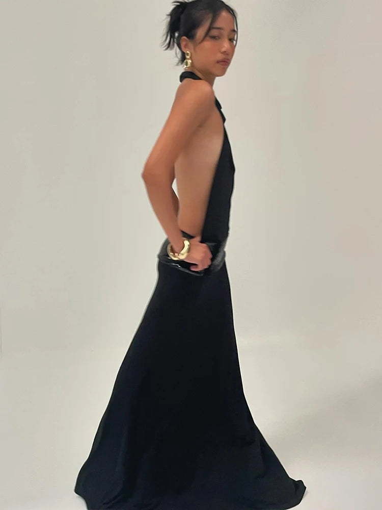 Sisterlinda Backless Fashion Dresses Elegant Halter Patchwork Draped Maxi Bodycon Female Solid Simple Evening Party Frock New