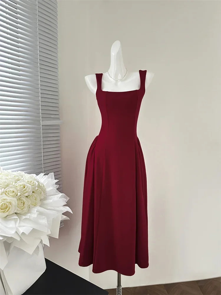 Elegant Korean Fashion Summer Evening Party Red U-neck Sling Dress Lady Casual High Waist Sleeveless Strap Mini Dress for Women
