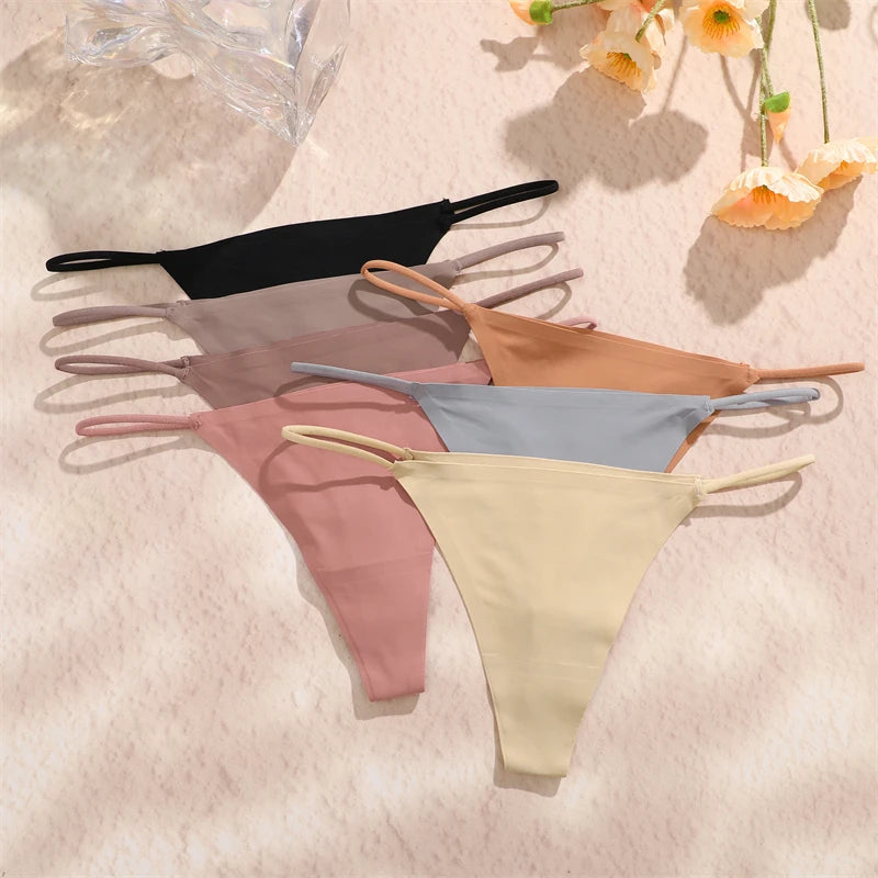 5PCS Seamless Underpants Women Ice Silk Thongs Sexy Low Waist Bikini T-back Female Solid Color Traceless G-String Panties XS-XL