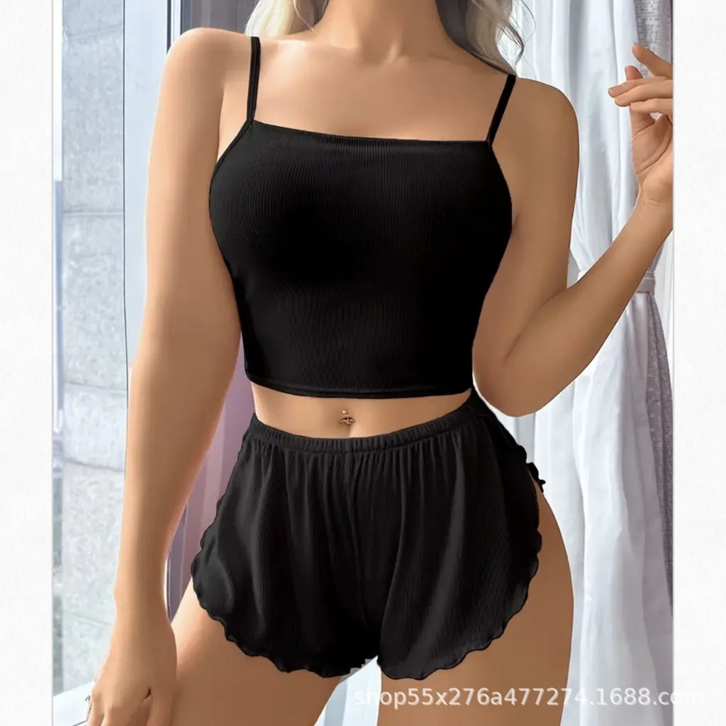 Ladies Pure Color Home Leisure Underwear Set Short Pants Top Thin Material Sleeveless Nightgown Comfortable Homewear Outfits