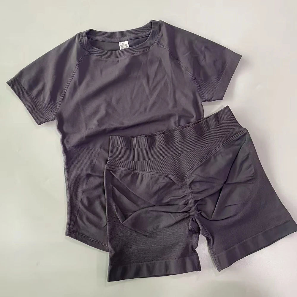 2 Piece Sets Women Outfit Longline Short Sleeve Gym Crop Top High Waist Workout Shorts Sports Suit Fitness Clothes Yoga Set