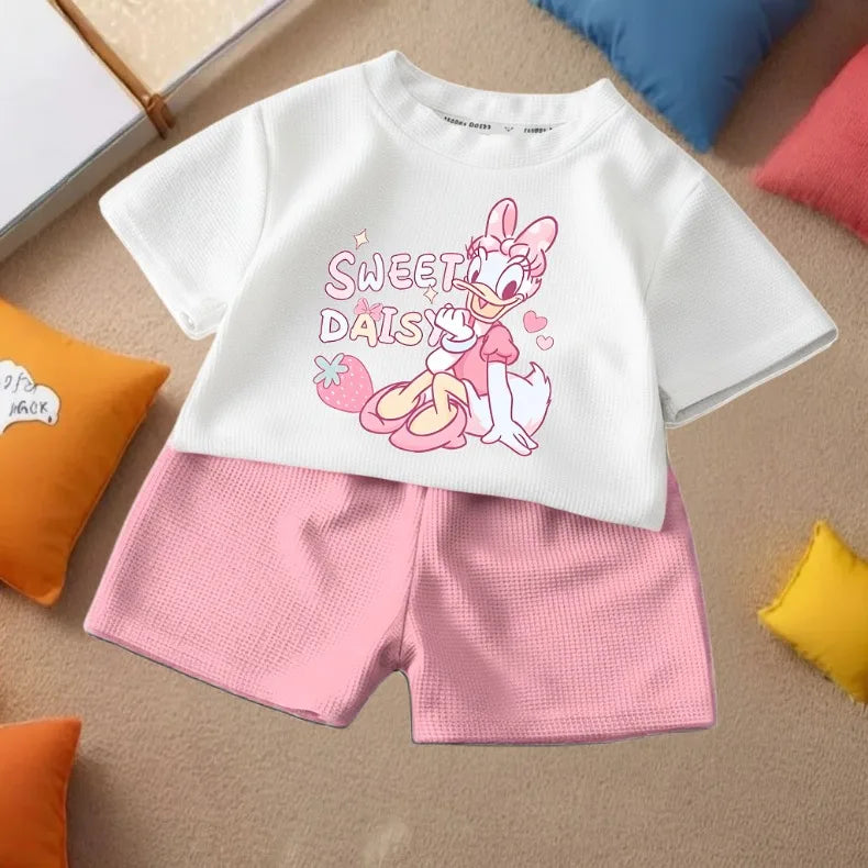 DISNEY Children's Casual T Shirt and Shorts 2pcs Sets Cute Minnie Printed Girls Fashion Outfits Summer Kids Outdoor Shorts Set
