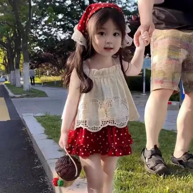2026 New Strap Little Red Riding Hood Set Summer Cute Girl Hook Flower Western Style Tank Top Polka Pants Skirt Three Piece Set