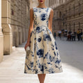 Elegant Floral Print Slim Long Dress Womens Boho Office Sleeveless Round Neck A-Line Dress Summer High Waist Pleated Party Dress