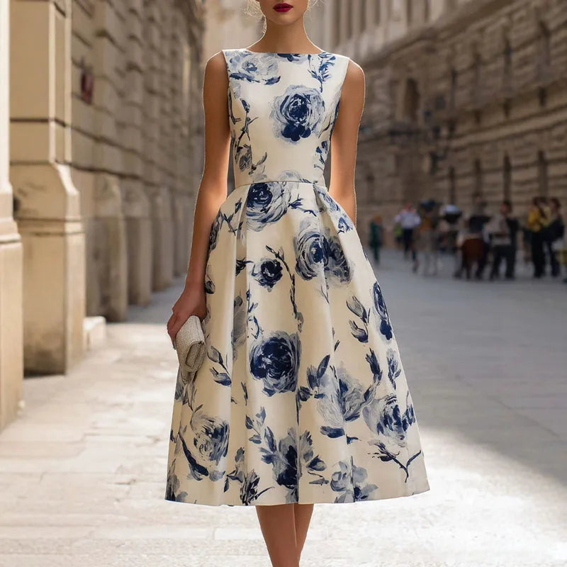 Elegant Floral Print Slim Long Dress Womens Boho Office Sleeveless Round Neck A-Line Dress Summer High Waist Pleated Party Dress