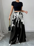 Women's Tropical Print Wide-Leg Pants, Elastic Waist Design, Slim Fit for Casual Vacation Wear