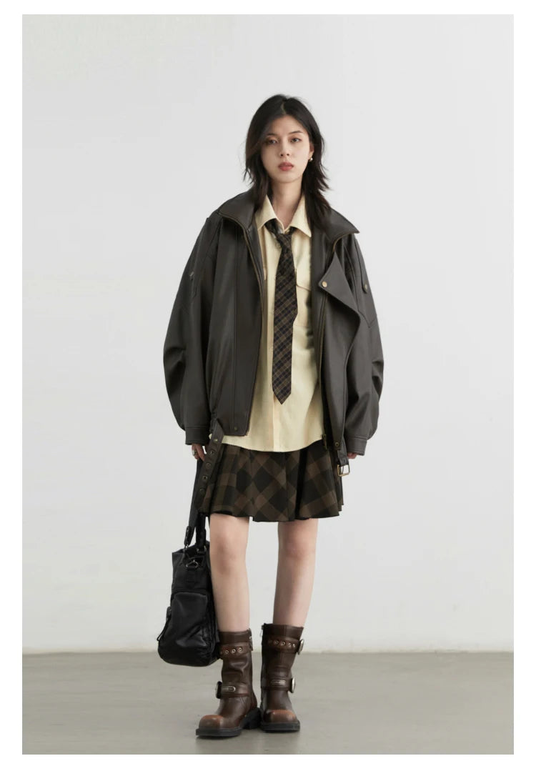 CHIC VEN Woman PU Jacket Solid Loose New Retro Standing Collar Motorcycle Faux Leather Coat Female Top Spring Autumn 2026
