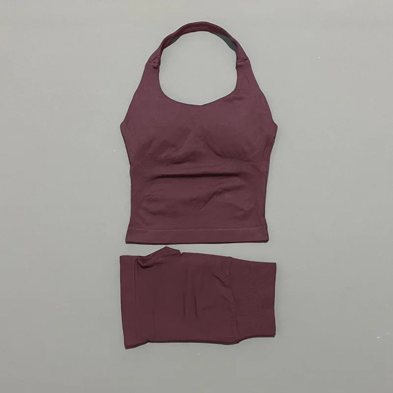 2 Peice Histello Sports Set Women Seamless Halter Top Longline Strappy Padded Scrunch Shorts Set Yoga Suit Gym Workout Sets