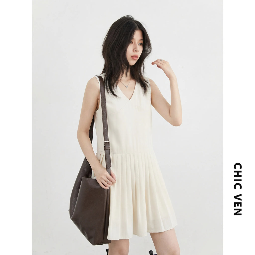 CHIC VEN Fashion Women Dresses Solid A Line Loose Casual V-neck Sleeveless Female Dress Mid-length Spring Summer 2026