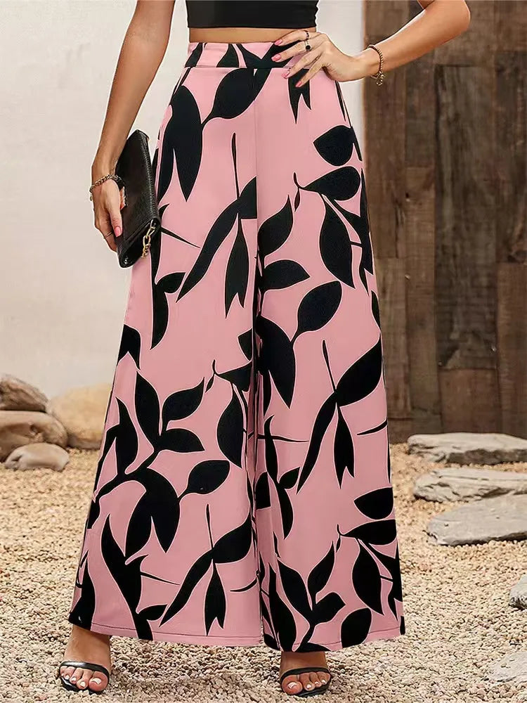 Women's Leaf Print Wide-Legged Casual Pants Loose Fit Fashionable Trousers