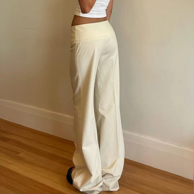Vintage Y2K Korean Streetwear Pants Woman Low Rise Straight Loose Beige Trousers Button Up Basic 2000S Women Casual Pants