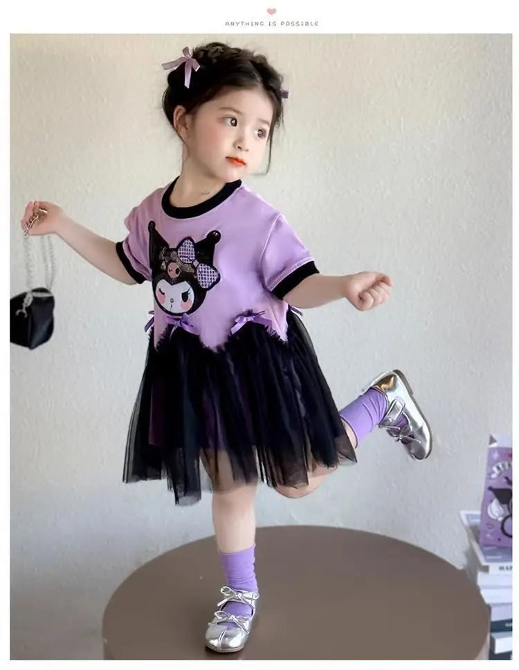 kuromi Princess Style Short Sleeve Dress for Girls Baby Mesh Skirt Summer New Arrival Children's Clothing Casual Daily Skirt