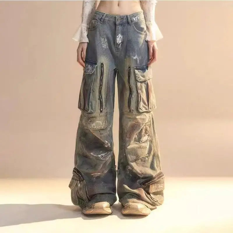 Y2K Harajuku Gothic Multi-Pocket Washed Black Jeans Men And Women 2000s Heavy Industry Drag Pants Street Hip Hop Wide Leg Pants