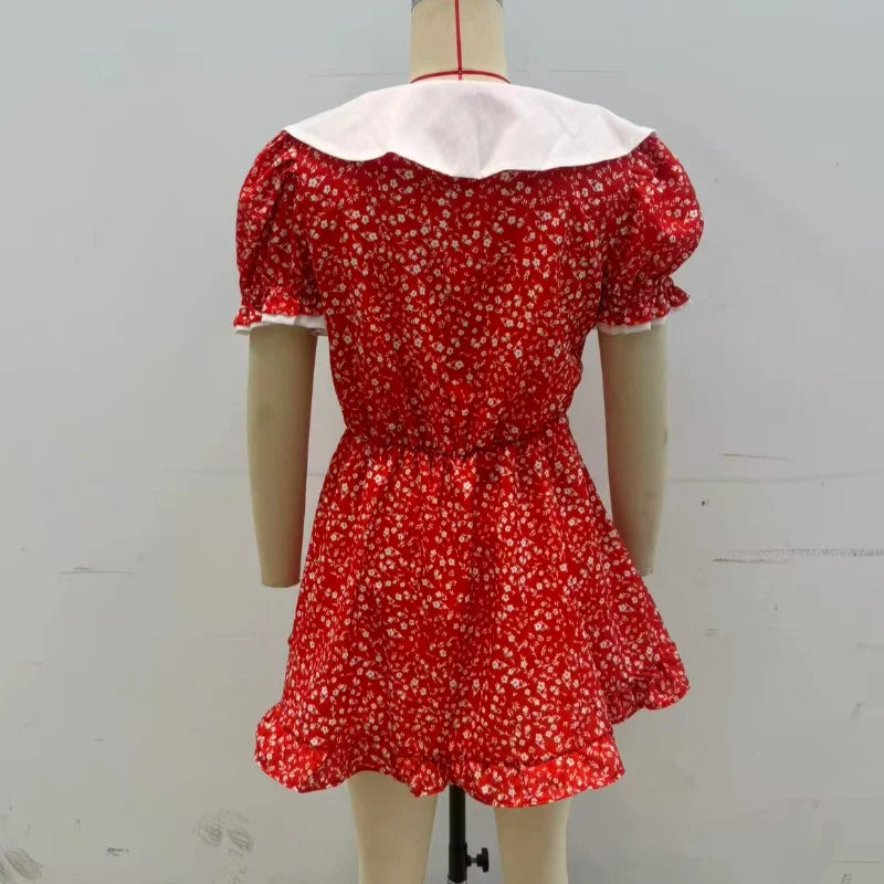 Sexy Pink Floral Print Ruffle Slim Short Dress Women Elegant V-neck Pleated Puff-sleeve Ruched Dresses Lady Party Club Robe New