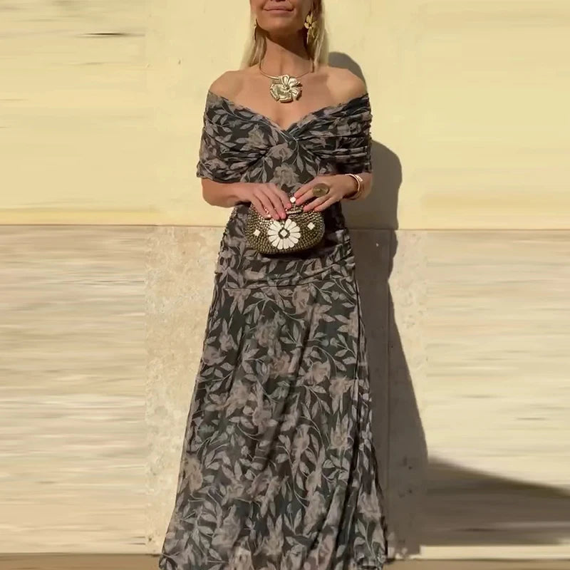 2025 Floral Print High Waist Pleat Party Dress Elegant Women Bat Sleeve Swing Party Dress Female Chest Low Cocktail A-Line Dress