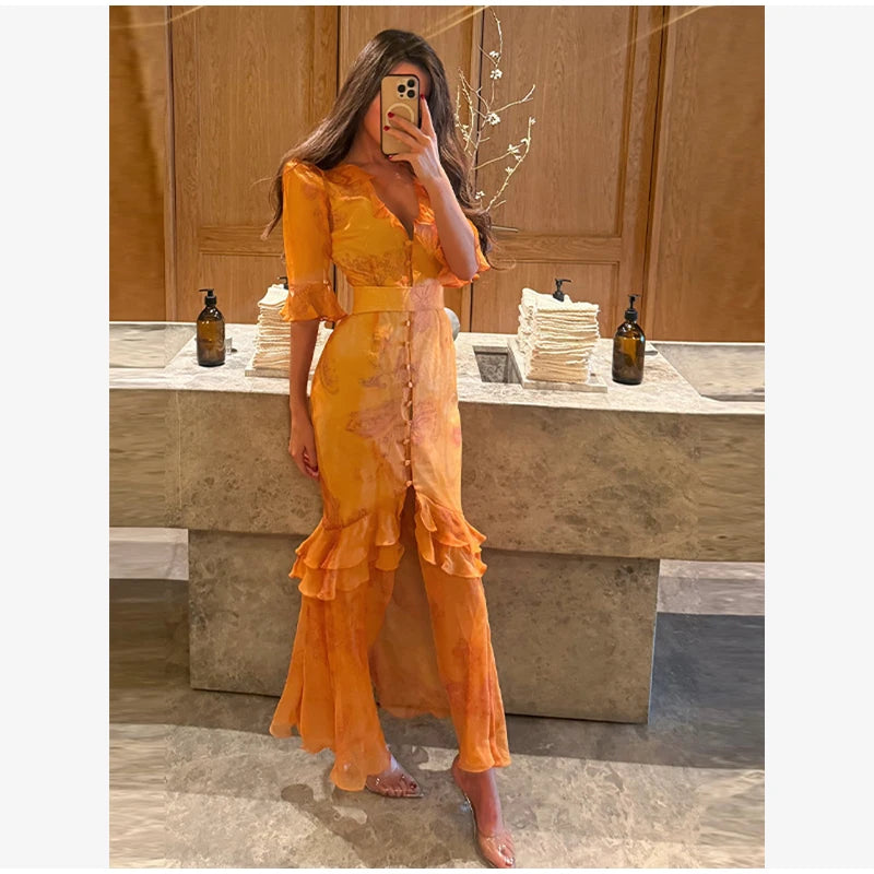 Organza Floral Printed Maxi Dress V-neck Puff Sleeve 2026 Spring/summer Romantic Women Party Gown Fashion Elegant Lady Vestido