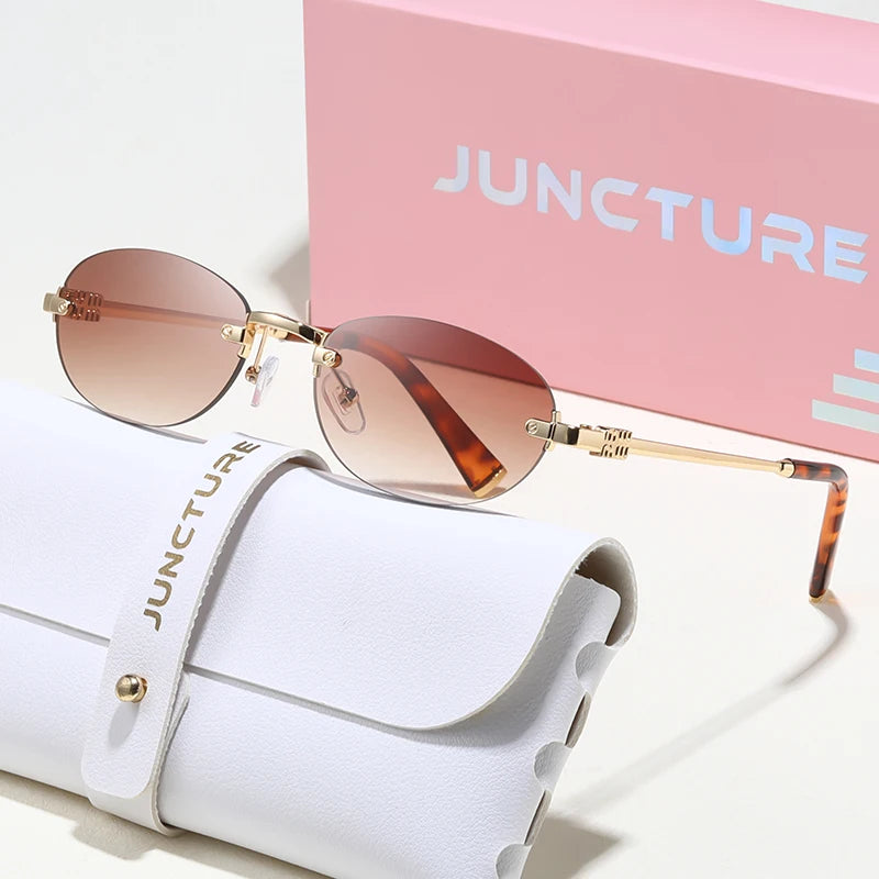JUNCTURE Popular Fashion Oval Sun Glasses for Female Male Travel UV400 Shades Women Men Rimless Sunglasses Lentes De Sol Mujer
