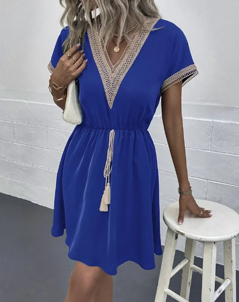Summer Solid Short Sleeve Lace V Neck Waistband Female Beach Midi Short Dress Elegant Women's Sweet White Solid Color Dresses