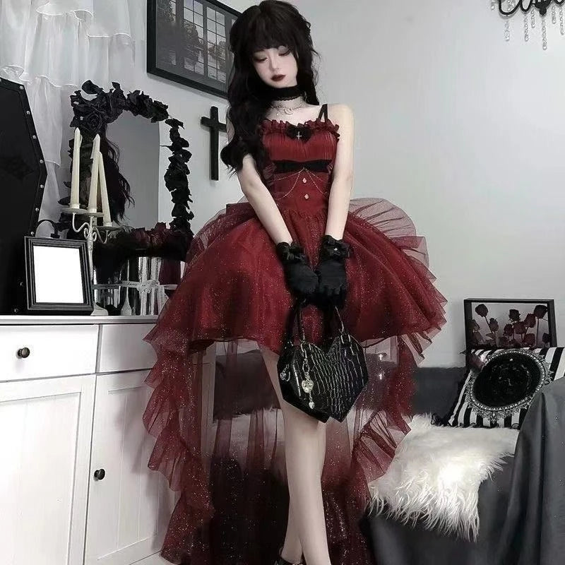 Gothic Red Lolita JSK Dress Women Spaghetti Strap Ruffle Tulle Skirt Chain Bow Decor High Low Hem Vintage Princess Party Dress