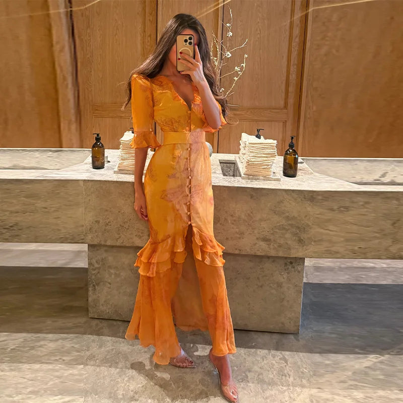 Organza Floral Printed Maxi Dress V-neck Puff Sleeve 2026 Spring/summer Romantic Women Party Gown Fashion Elegant Lady Vestido