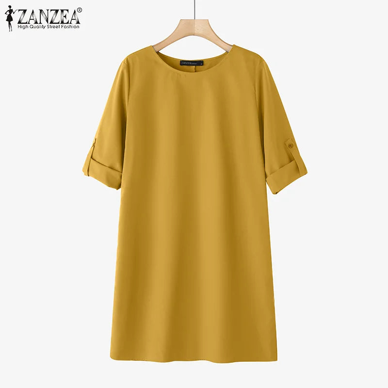 ZANZEA Elegant Women Party Dress 2026 Summer Fashion 3/4 Sleeve Casual Shirt Vestidos Pockets Loose Solid Knee-length Sundress