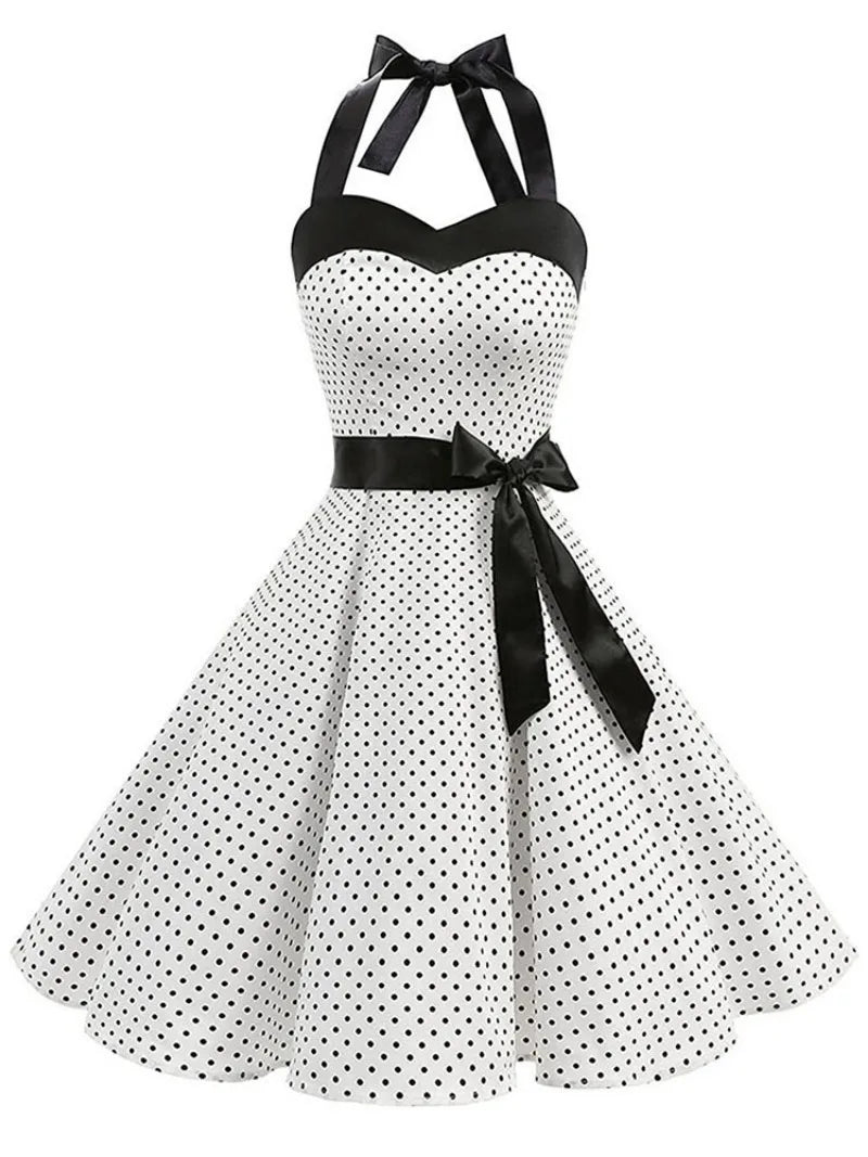 Elegant Women Pink Polka Dot Dress Summer Robe Hepburn 1950s 60s Vintage Sexy Halter Rockabilly Retro Party Dresses 2026 Vestido