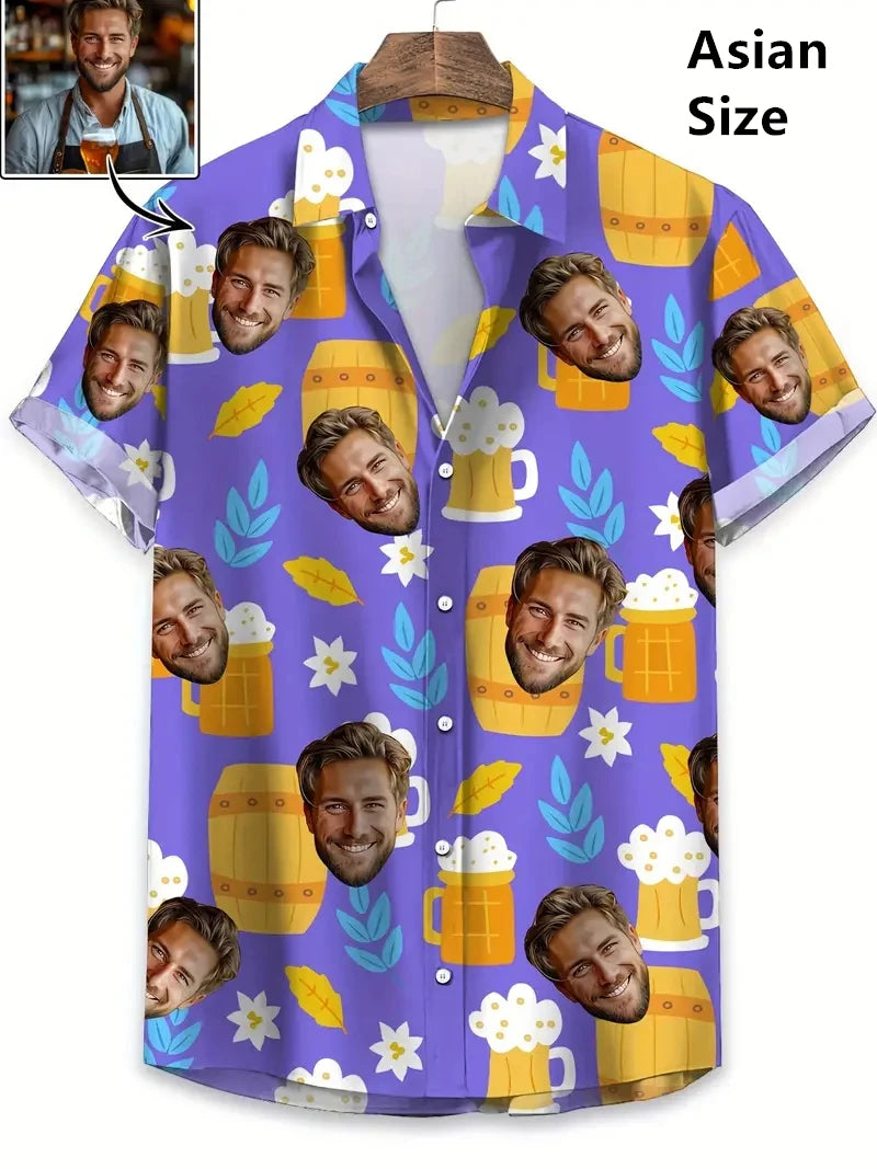 Face Photo Beer Shirts For Men Clothing Custom 3D Print Hawaii Beach Shirt Y2k Top 90s Vintage Clothes Lapel Short Sleeve Blouse