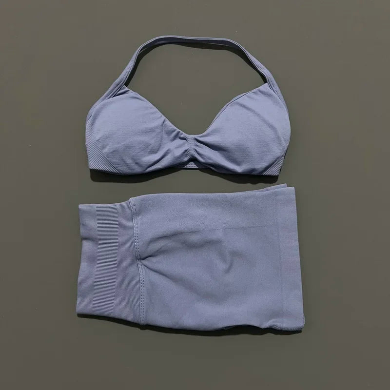 2 Piece Sport Set Women Seamless Yoga Tank Bra High Waist Scrunch Bum Gym Shorts Sets Fitness Running Workout Suit