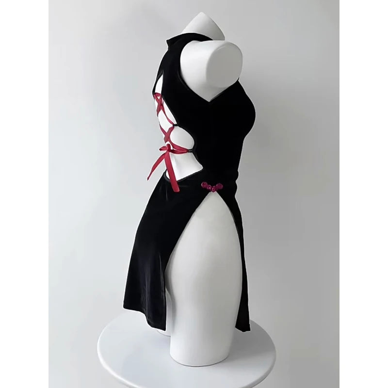 New Year Bar DS Performance Costume Sexy Gogo Leader Outfit Retro Red Black Splittytying Flag Robe Women's Stage Costume