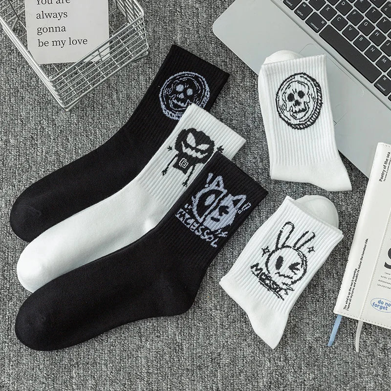 10 pairs of funny little devil pattern socks, casual and personalized, black and white colors suitable for various trendy occasi