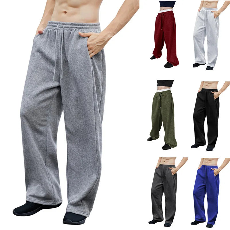 Men's Solid Color Sanitary Pants 2025 Drawstring Waist Straight Wide Leg Loose Fit with Pockets Versatile Sports Trousers