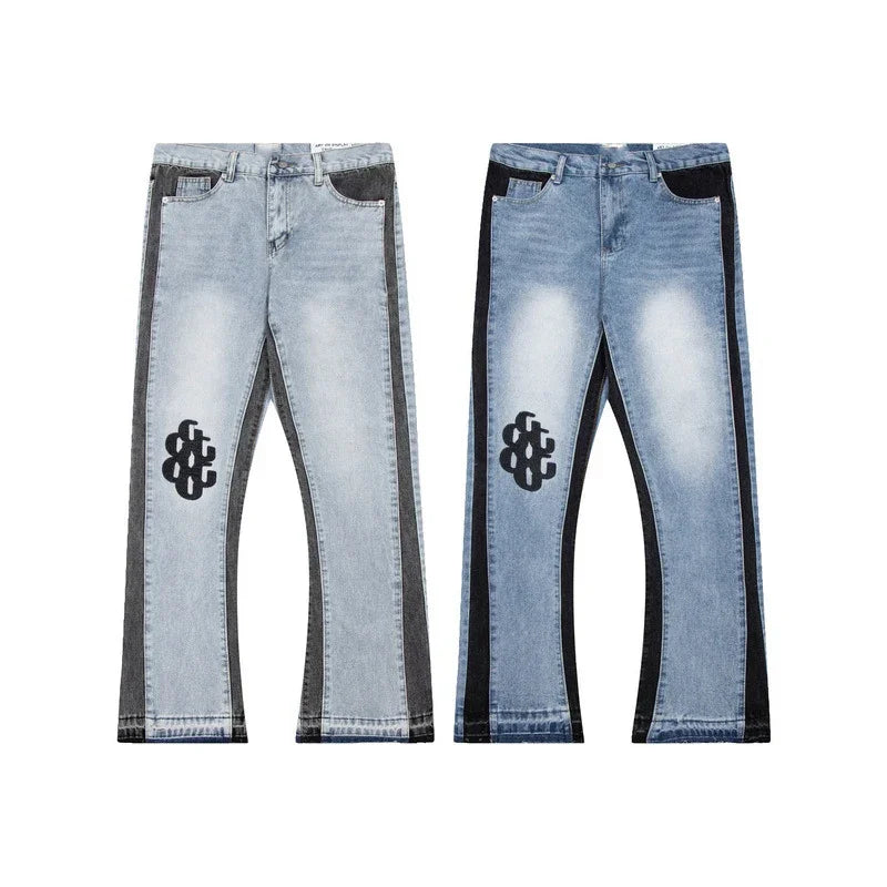 American retro washed letter spliced denim trousers high street trendy brand couple loose straight micro-flared long trousers