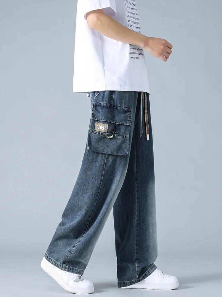 Summer Men's Straight Jeans Multi-Pockets Wide Leg Denim Cargo Pants 8XL 7XL 6XL Big Size Lightweight Baggy Jeans Trousers