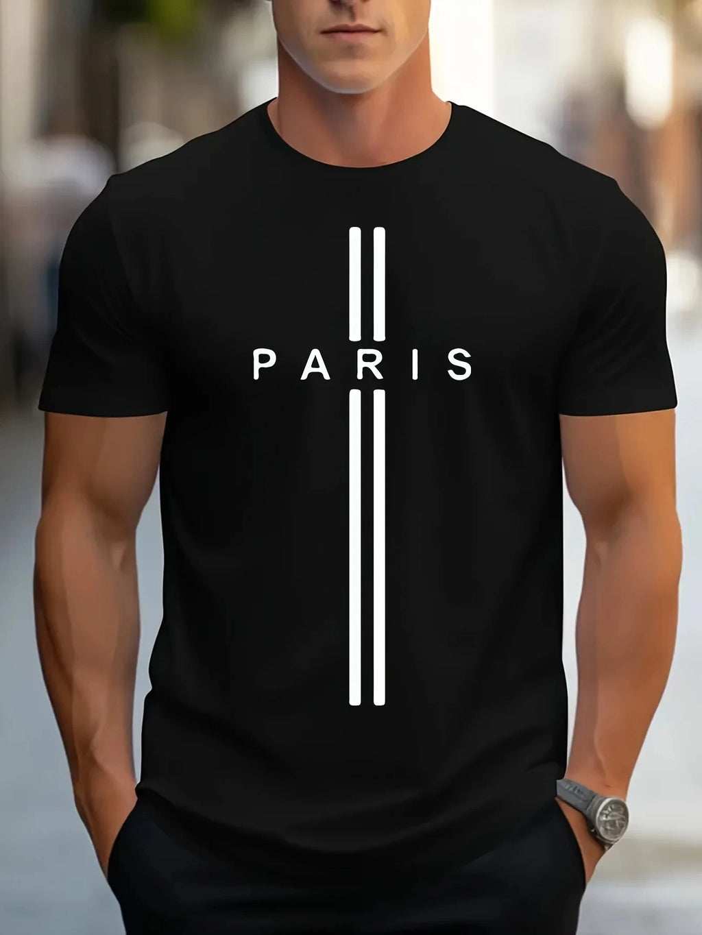 3D printed men's loose summer T-shirt, Paris printed round neck casual tight T-shirt, short sleeved T-shirt