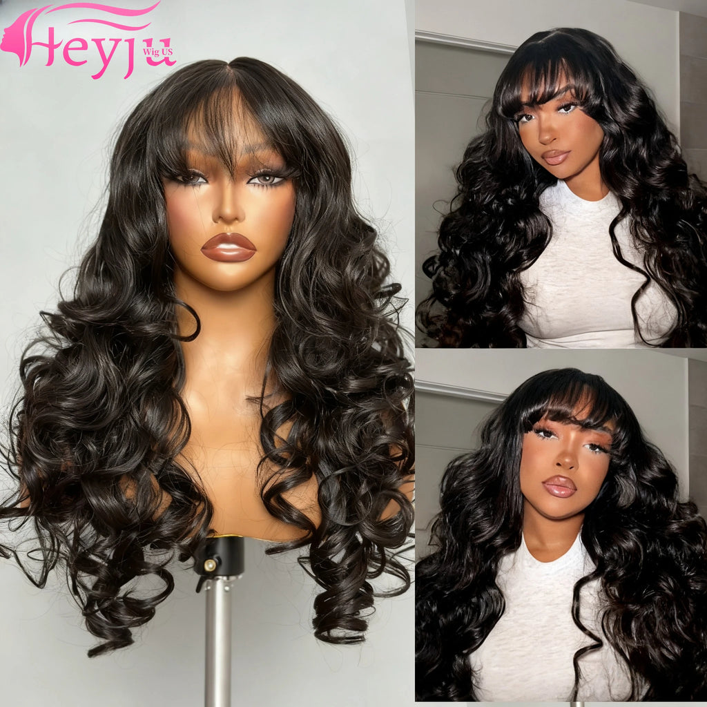 Middle Part Body Wave Human Hair Wig With Bangs for Black Women 3x1 Lace Wigs 230 Density Brazilian 30 36 Inch Wigs for Women