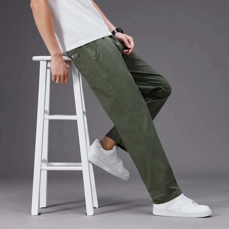 Big Size Casual Pants Men Elastic Waist Straight Leg Fit Summer Trousers Male Loose Cotton Work Wear Plus Large 6XL Khaki Light