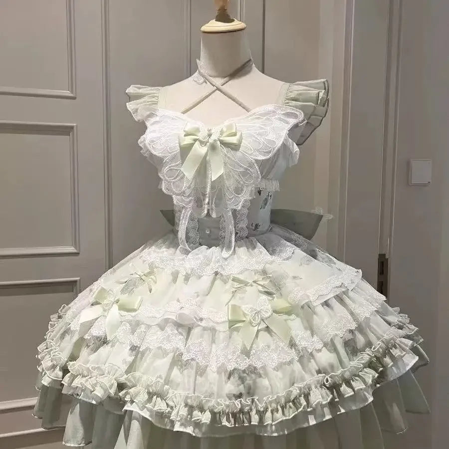 Gothic Red Lolita JSK Dress Women Spaghetti Strap Ruffle Tulle Skirt Chain Bow Decor High Low Hem Vintage Princess Party Dress