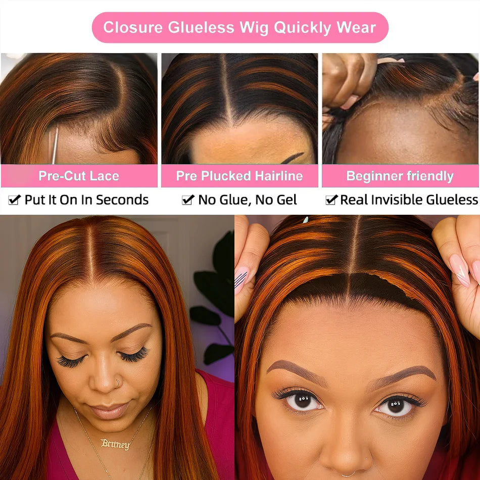 Brown Ginger Highlight Wigs Human Hair Bone Straight 5x5 Lace Frontal Glueless Pre Cut Ombre Ginger Colored Hair Wigs For Women