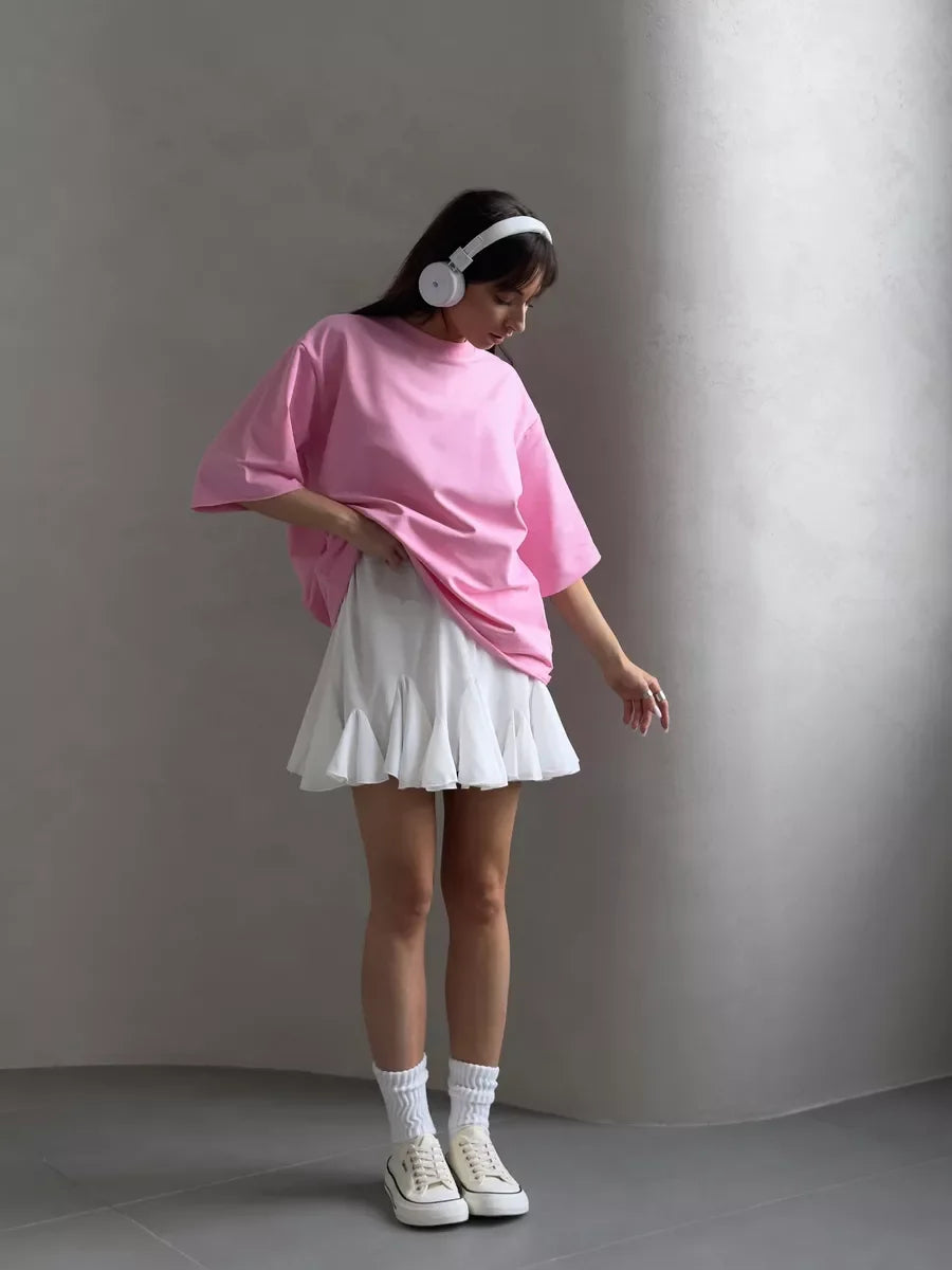 Hirsionsan Summer Casual Oversized T-shirts Women 100% Cotton Pink Loose Tees 2025 New Cusual Solid O Neck Female Aesthetic Tops