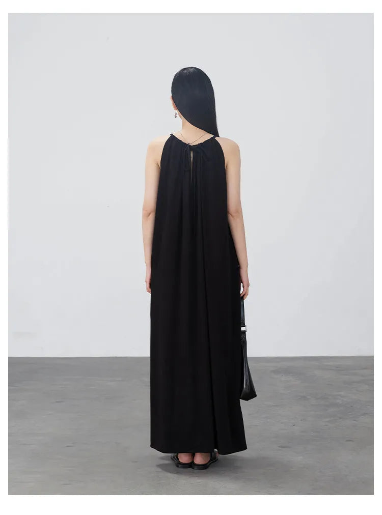 CHIC VEN Women Halter Dress A Line Solid Loose Casual Lace Up Black Sleeveless Holiday Female Long Dress Pullover Summer 2026