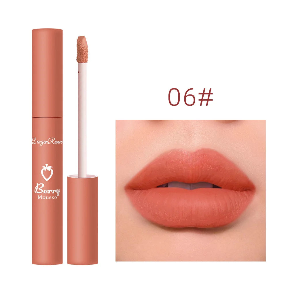 Dragon Ranee 12 Color Matte Lip Gloss Velvet Texture Waterproof Moisturize Lip Gloss Lasting Non-stick Cup Fashion Cosmetics 5ml