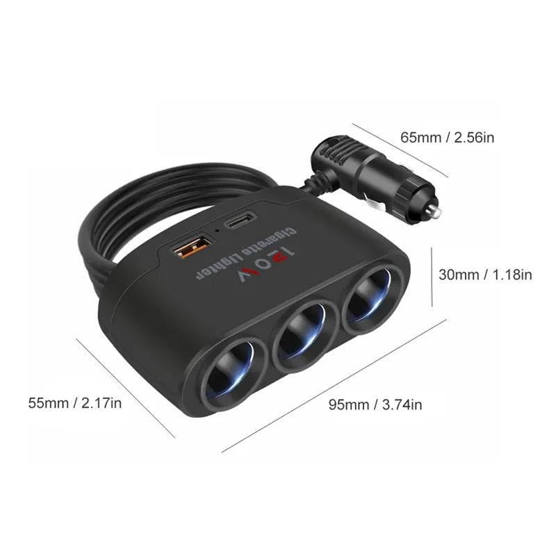 3 in 1 USB Type C Socket 120W Car Cigarette Lighter Splitter 12V 24V Fast Charger Phone Power Adapter for Car DVR GPS Dashcam