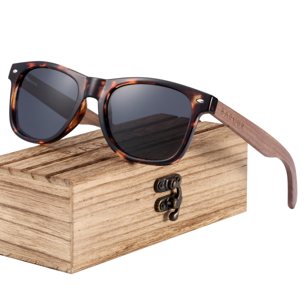 BARCUR Black Walnut Sunglasses Wood Polarized Sunglasses Men Glasses Men UV400 Protection Eyewear Wooden Original Box