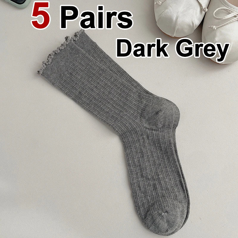5/10 Pairs Women Solid Color Mesh Mid Tube Socks Summer Lightweight Breathable Fashionable Wavy Edge Ballet Style Casual Socks