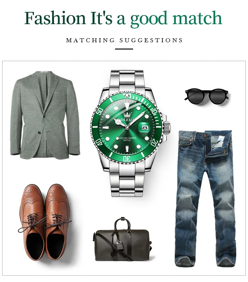 OLEVS 5885 Men's Watches Business Stainless Steel Strap Green Quartz Watch Waterproof Calendar Luminous High Quality Wristwatch