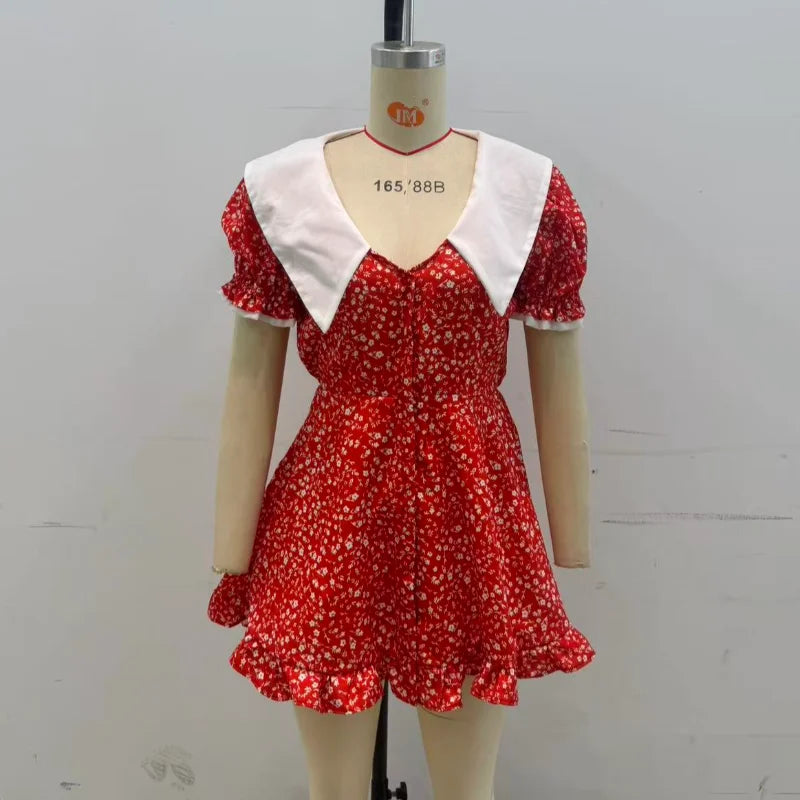 Sexy Pink Floral Print Ruffle Slim Short Dress Women Elegant V-neck Pleated Puff-sleeve Ruched Dresses Lady Party Club Robe New