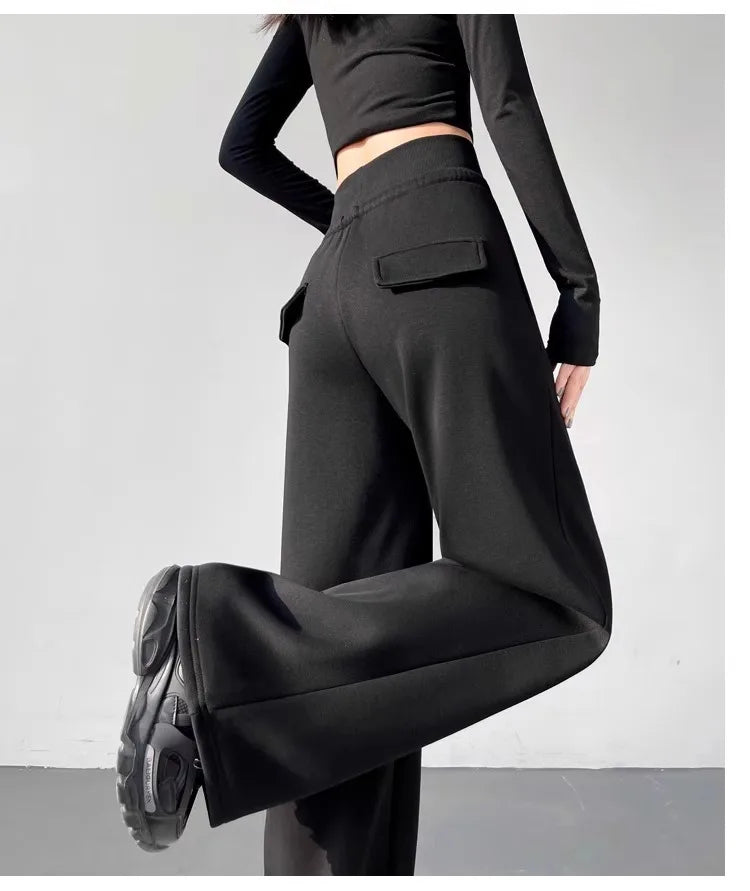 Women's gray sports high waist hanging loose slimming straight leg wide leg pants American sweatpants.
