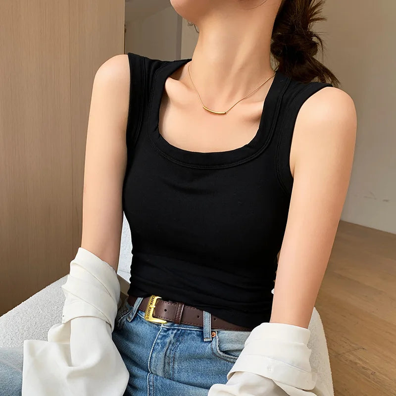 2026 New Wide Shoulder Strap Women's Vest with Chest Pad Summer All-match I-shaped Vest Slim Fit Base Top Fashion Outer Wear