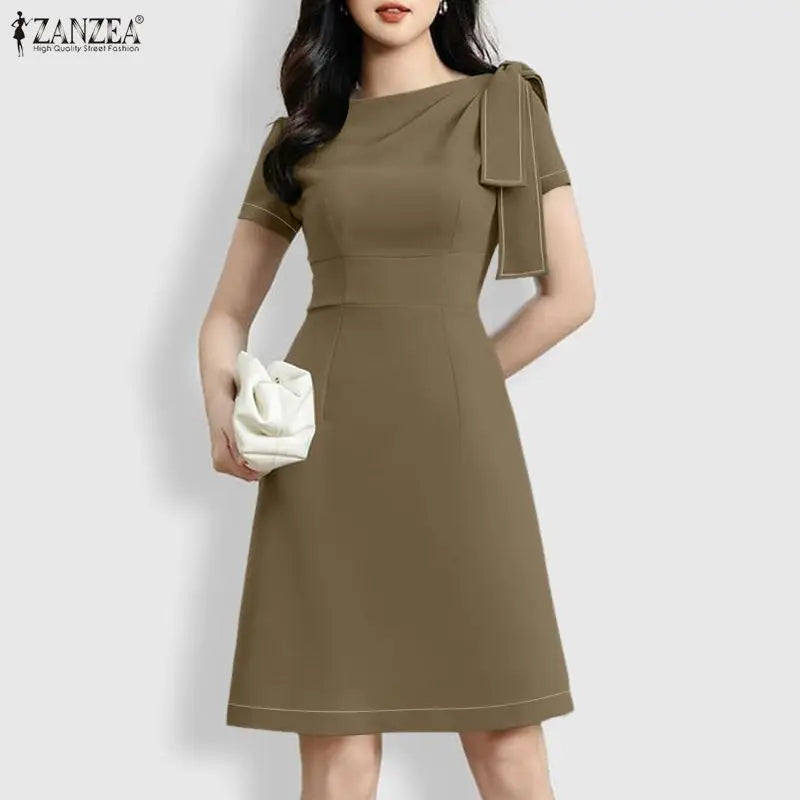 ZANZEA Elegant Women OL Work Dresses 2026 Summer Short Sleeve Solid Knee Length Dress Robe Stylish A Line Waisted Party Vestidos