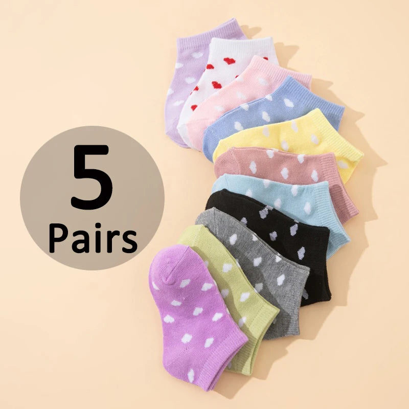 5 pairs kid's short socks: candy colors, heart-shaped, soft, comfortable, casual, student ankle socks - suitable for daily use